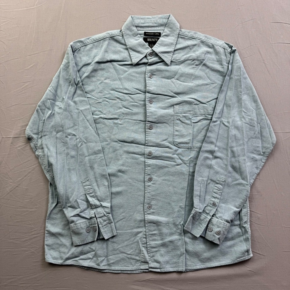 Bruno Mens Washable Linen‎ Rayon Button Down Shirt Light Blue Grey Large L